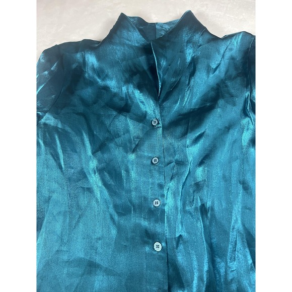 Joan Leslie Woman Blouse Womens 16W Blue Shiny Button Front Collared Evening Top - Picture 7 of 14